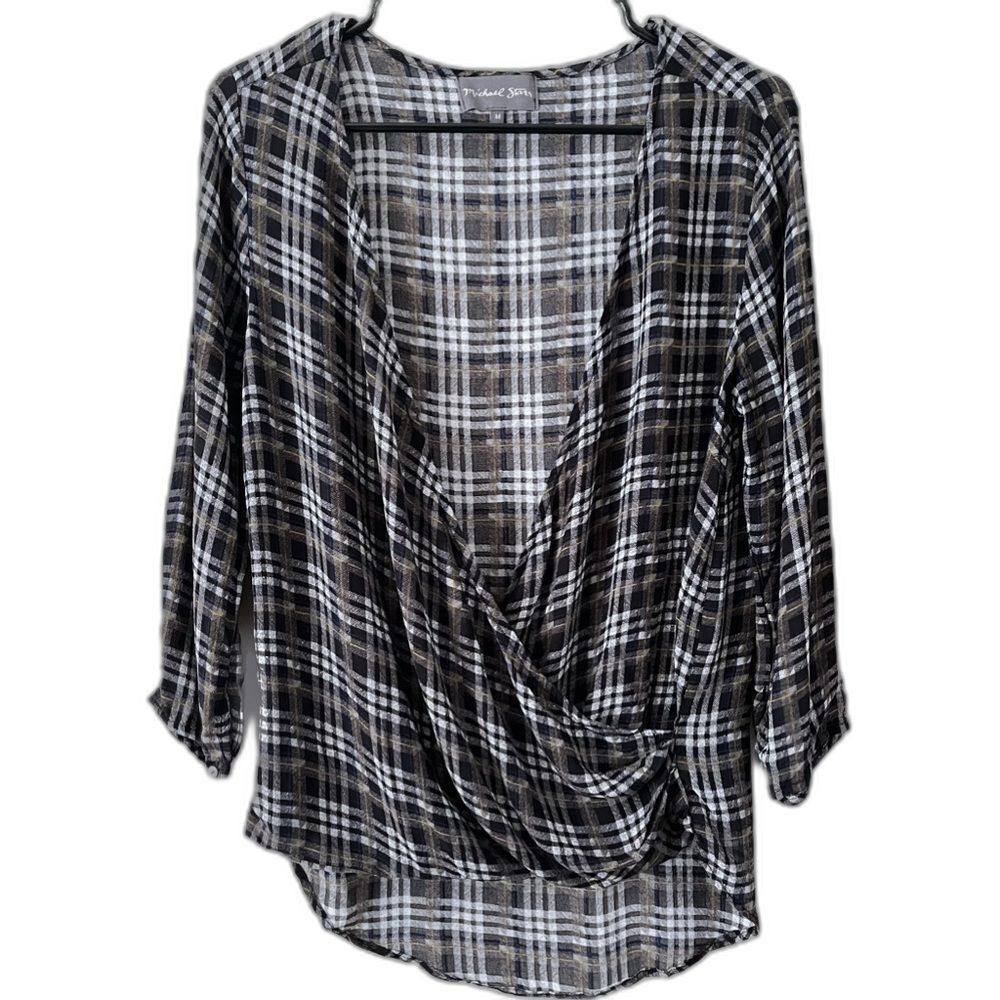 Michael Stars | Plaid Faux Wrap peek Open Front Top size medium. lag n look